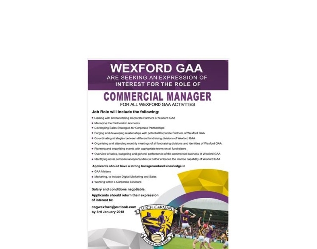 Exciting job opportunity with Wexford GAA, new post as Commercial Manager