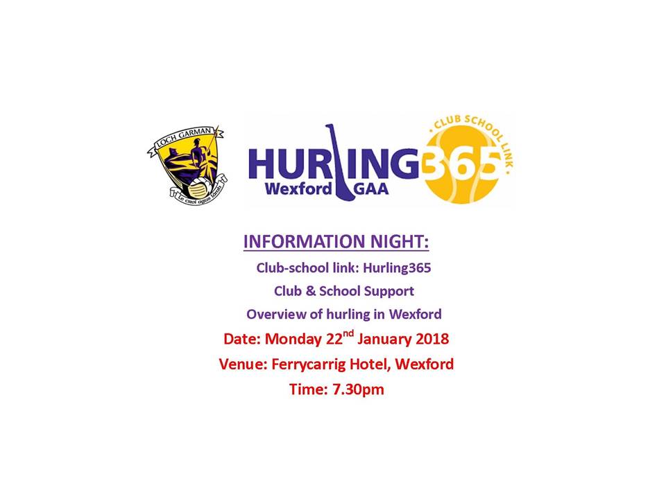 Teachers, Parents and Club Officials all invited to attend Hurling 365 Information Night