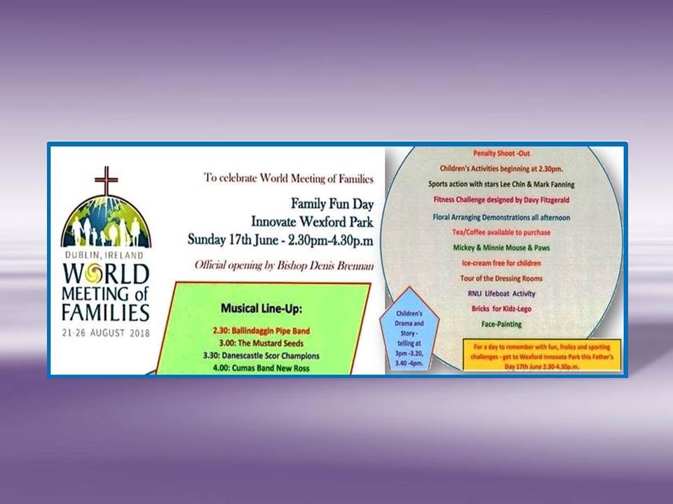 Sunday, June 17th  promises to be a great day in Innovate Wexford Park as part of the celebration of World Meeting of Families