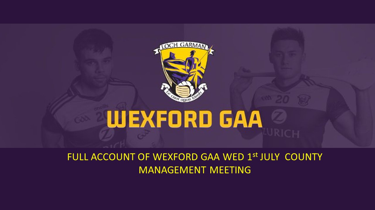 Full detailed account of Wexford Gaa Most recent (Wed 1st July) Management Meeting