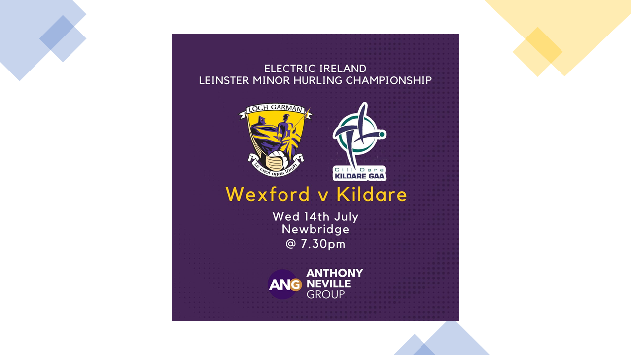 Wexford V Kildare this Wed 14th July in the Electric Ireland Leinster Minor Hurling Championship, Newbridge 7:30pm